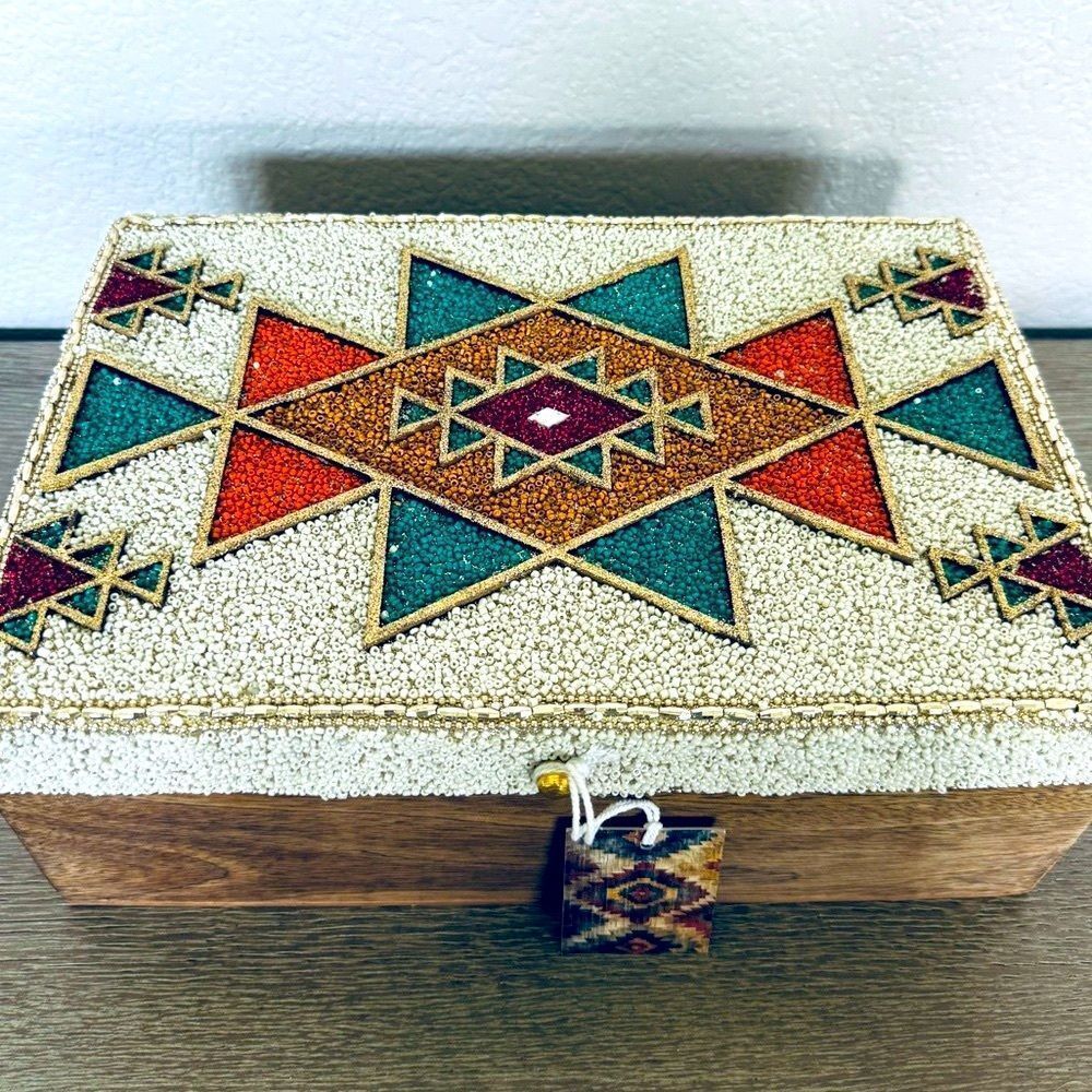 Southwest Western Aztec Tribal Beaded Teal Orange Gold Decor Storage Box